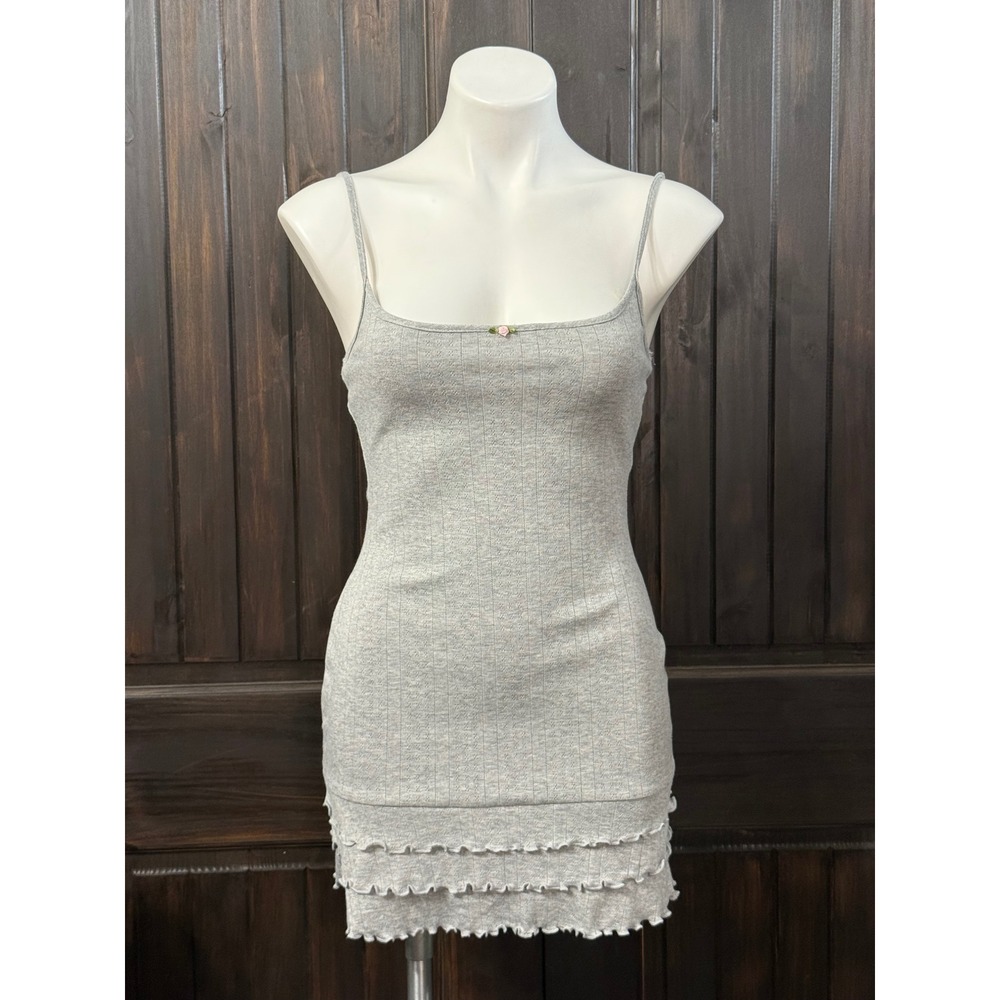 Windsor Grey Pointelle Knit Mini Dress Rosette Lettuce Hem Small NWT